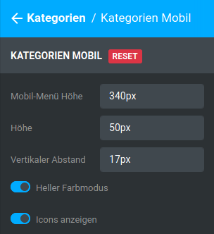 Einstellungen unter _**Bereiche / Kategorien / Kategorien Mobil**_