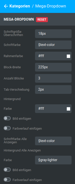 Einstellungen unter _**Bereiche / Kategorien / Mega-Dropdown**_