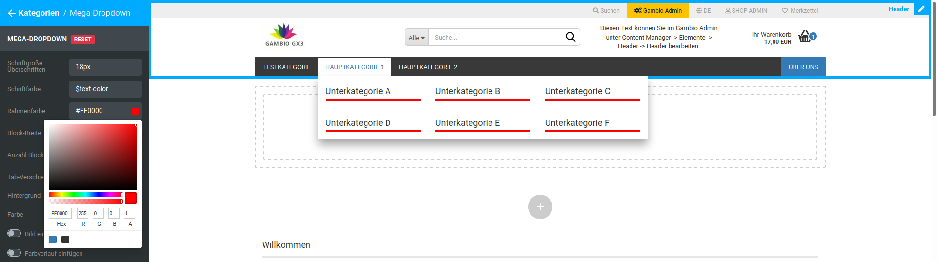 Rahmenfarbe rot (#FF0000) im Mega-Dropdown
