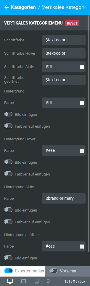 Einstellungen unter Bereiche / Kategorien / Vertikales Kategoriemenü