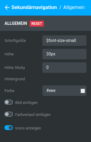 Einstellungen unter _**Bereiche / Sekundärnavigation / Allgemein**_