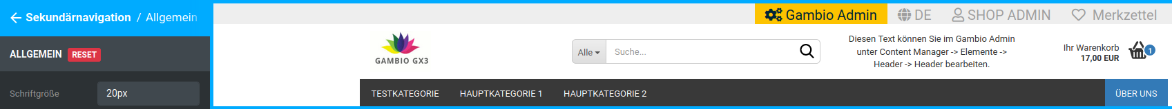 Einträge der Sekundärnavigation mit Schriftgröße 20px