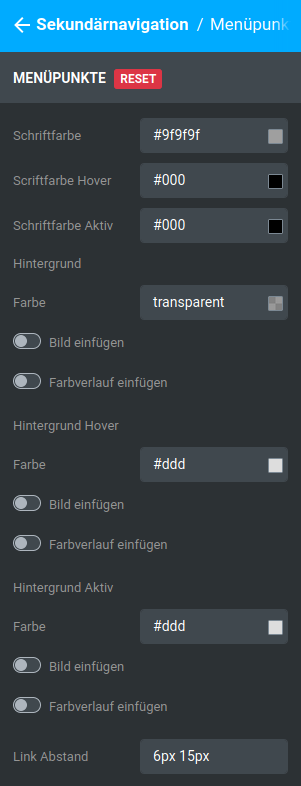 Einstellungen unter _**Bereiche / Sekundärnavigation / Menüpunkte**_
