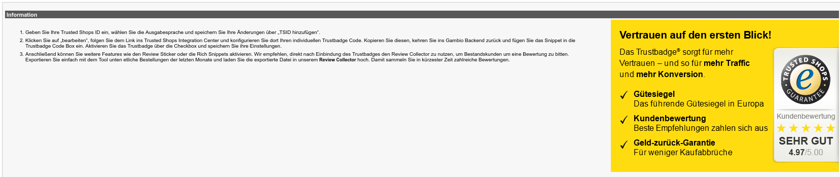 Abschnitt Information des Trusted Shops-Moduls