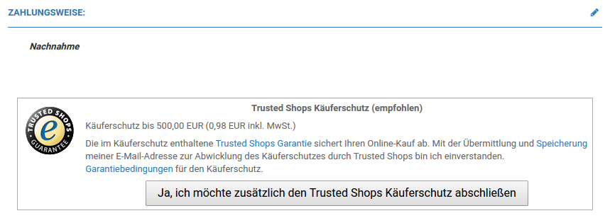 Anzeige zum Käuferschutz auf der Bestellbestätigungsseite