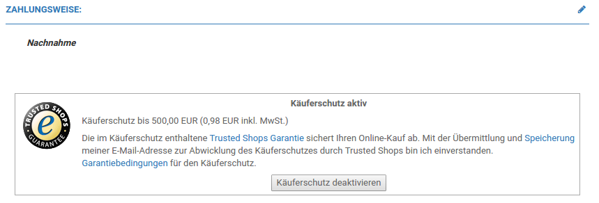 aktivierter Käuferschutz auf der Bestellbestätigungsseite