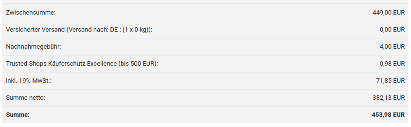 Die Kosten für den Käuferschutz werden im Summenblock aufgeführt